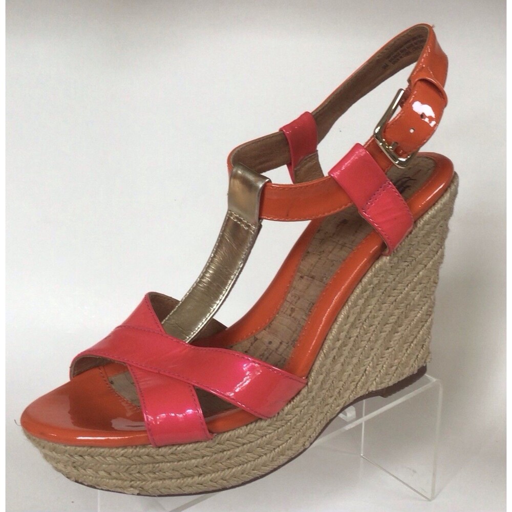 SOFFT Pedra Platform Patent Leather Pink/Orange Wedge Heel Sandals (Size 9 M)